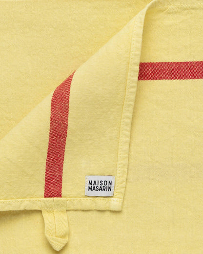 Linen-cotton tea towel: Nature green / Pink and red stripes