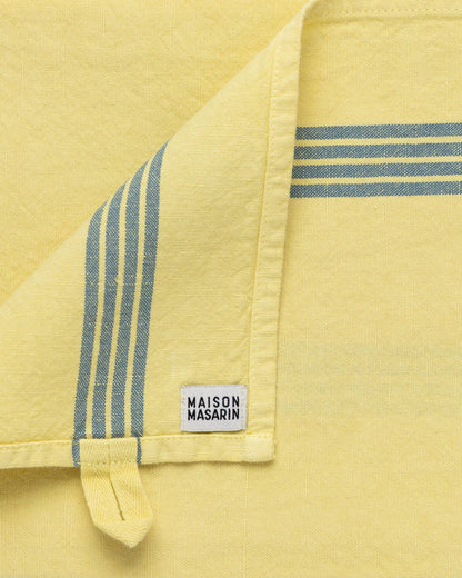Linen-cotton tea towel: Nature green / Pink and red stripes