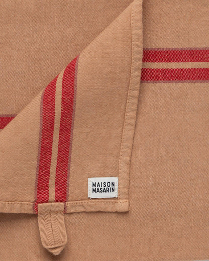 Linen-cotton tea towel: Nature green / Pink and red stripes