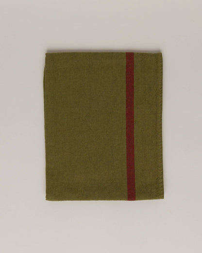 Linen-cotton tea towel: Nature green / Pink and red stripes