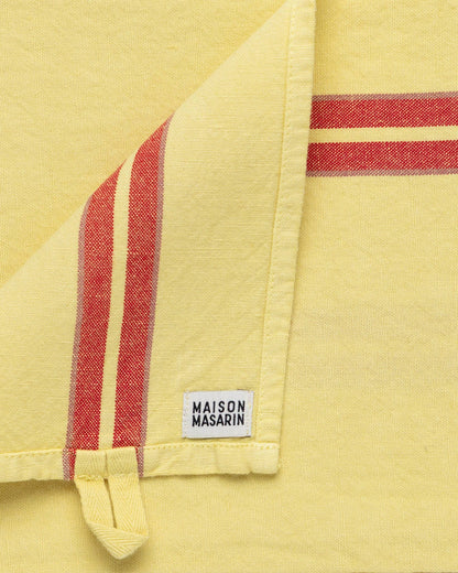 Linen-cotton tea towel: Nature green / Pink and red stripes